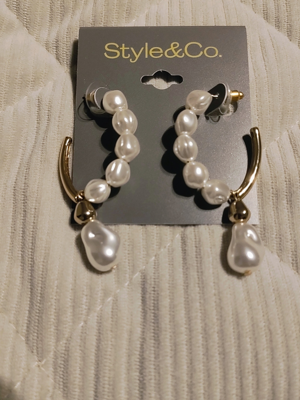 Style & Co. Gold and White Pearl Drop Hoop Earrings